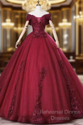 Wine Red Ball Gown Sweetheart Off Shoulder Long Party Dress, Wine Red Sweet 16 Dress